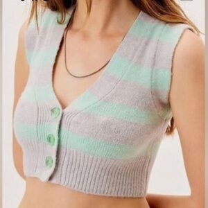 For Love And Lemons Mint and Gray Striped Cardigan Vest NWT